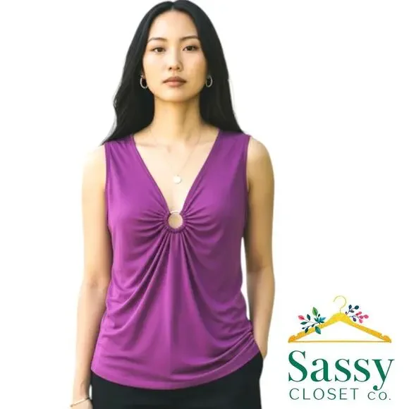 WHBM Purple Sleeveless V‑Neck Circle Detail Stretch Top Women’s S EUC - Picture 1 of 8